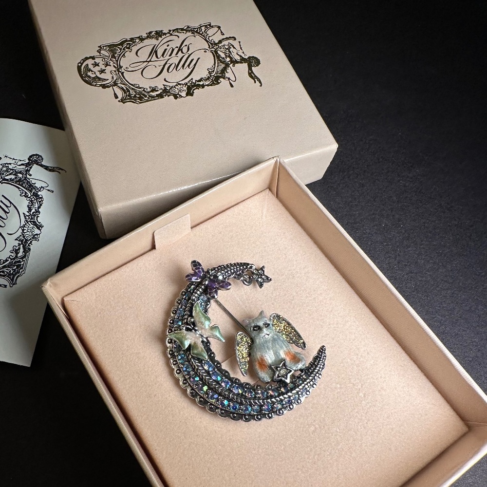 Vintage Kirks Folly Cat Fairy On Crescent Moon Pin
